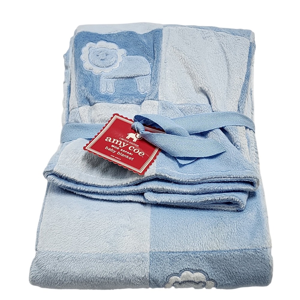 Amy Coe Mod Baby Blue Blanket Lion Patchwork Squares Soft Minky NEW VTG Y2K